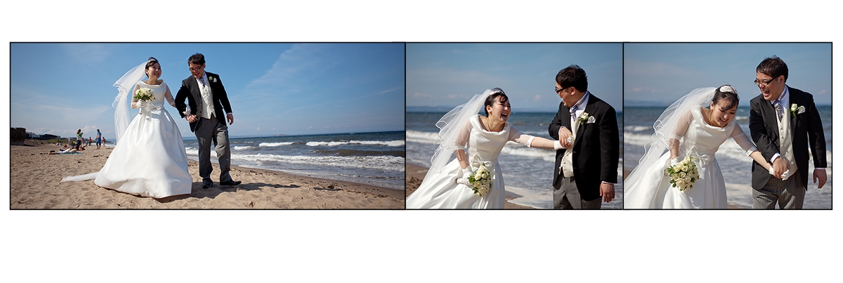 Bride and groom portraits on Portobello beach