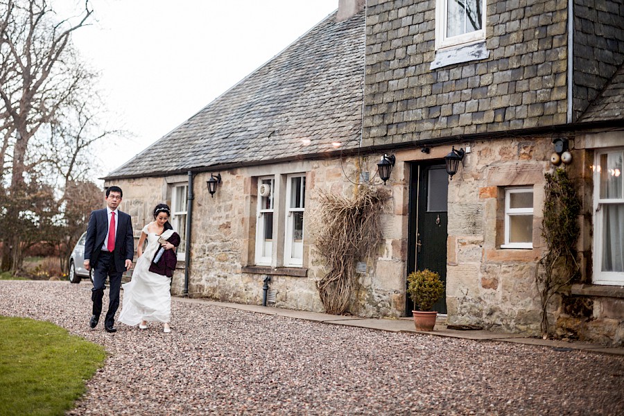 Bride and her father approaching Harburn House