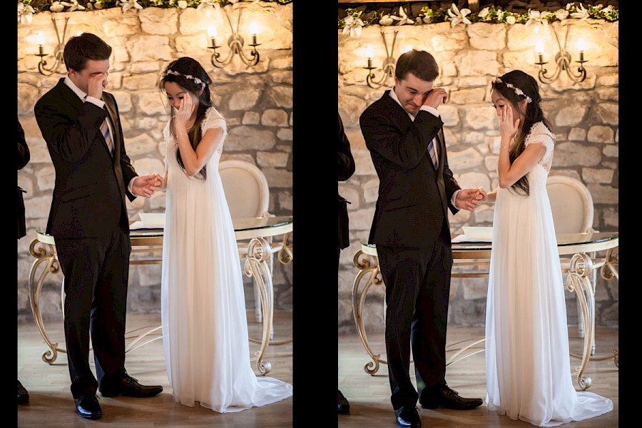Bride and groom get emotional during the ceremony at Harburn House
