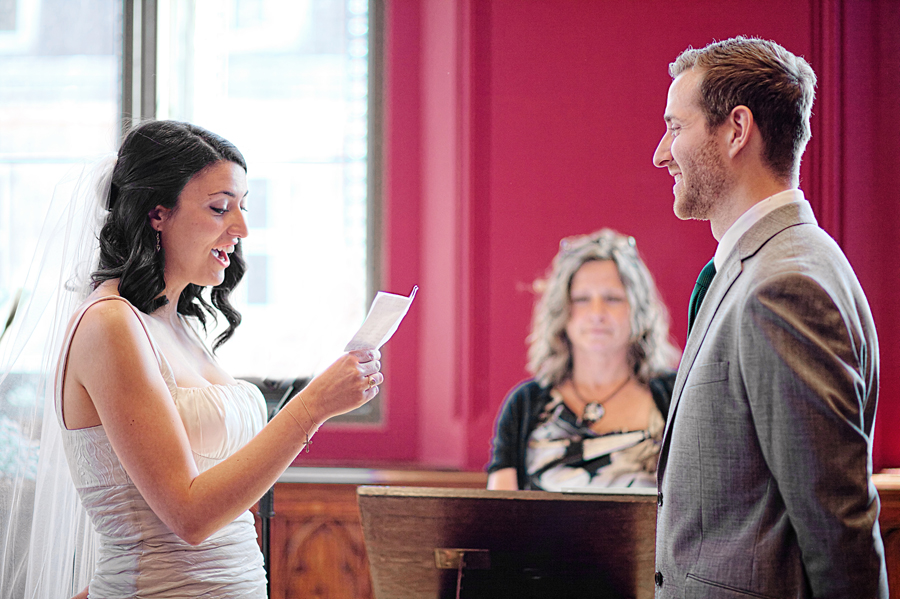 Bride reading the vows during the  wedding ceremony at the Hub in Edinburgh