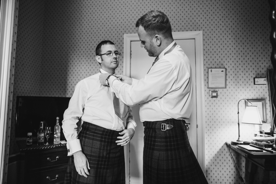 Groom and his best man getting ready at Dalhousie Castle in Bonnyrig