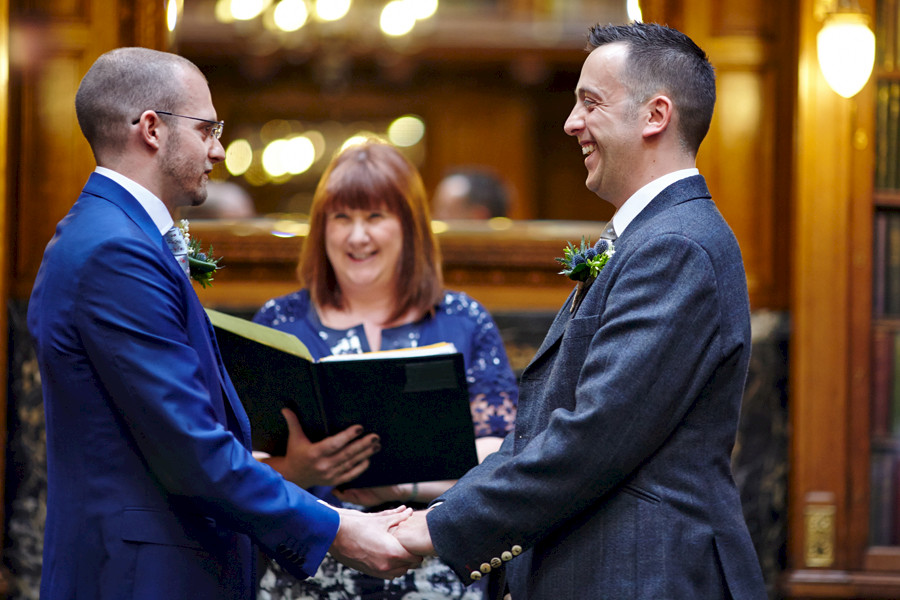 All smiles at the civil partnership at Royal College of Physicians in Edinburgh