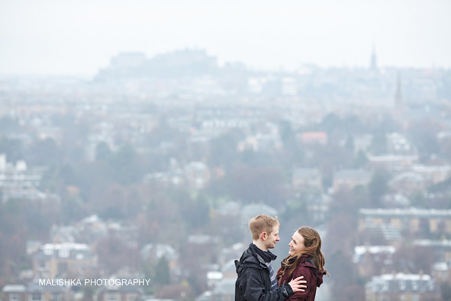 Happy couple during the pre-wedding shoot in Edinburgh at Blackford Hill