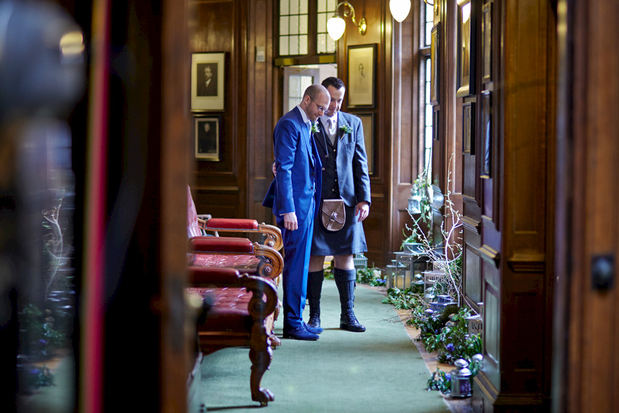 Groom and groom before the civil partnership at Royal College of Physicians in Edinburgh