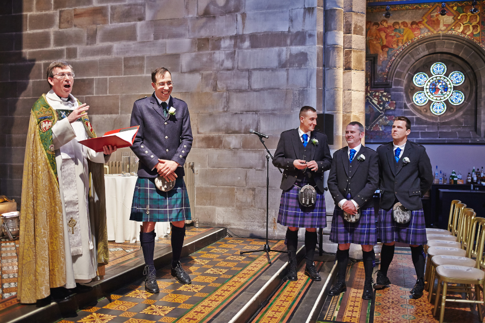 Groom and groomsmen at Mansfield Traquair in Edinburgh