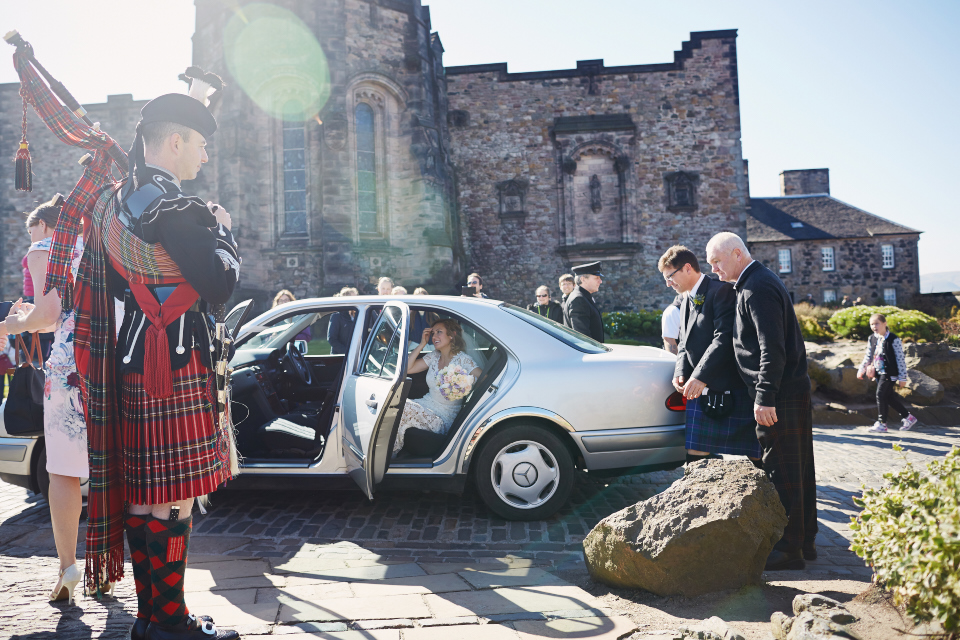 bride arriving for ceremony at Edinburgh Castle wedding