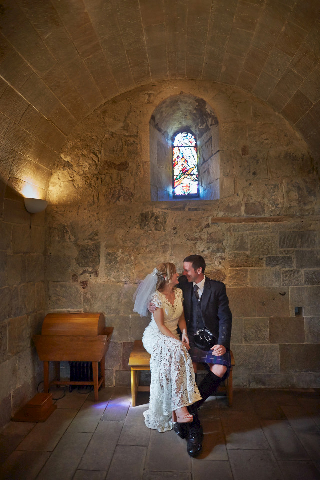 Bride and groom at the Edinburgh Castle Chapel