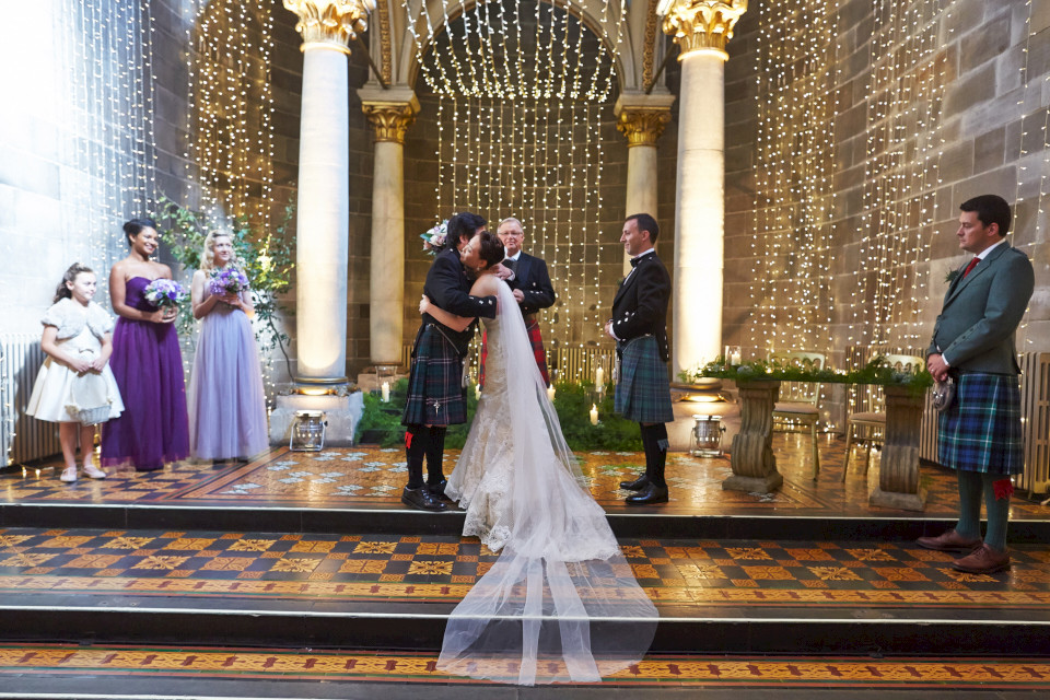 Bride and her dad hugging before the wedding ceremony at Mansfield Traquair