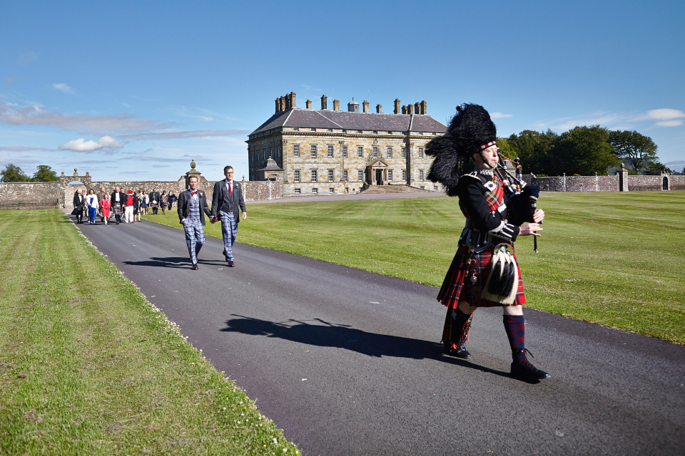 Piper and two grooms at Kinross House wedding