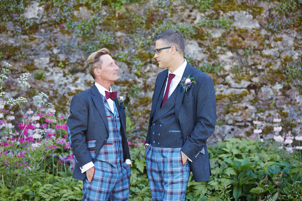 Two grooms natural wedding portraits at Kinross House garden